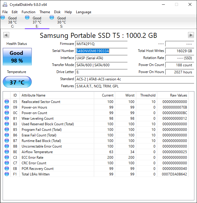 Samsung Portable T5 Portable 1TB USB-C to USB-A SSD MU-PA1T0B/AM