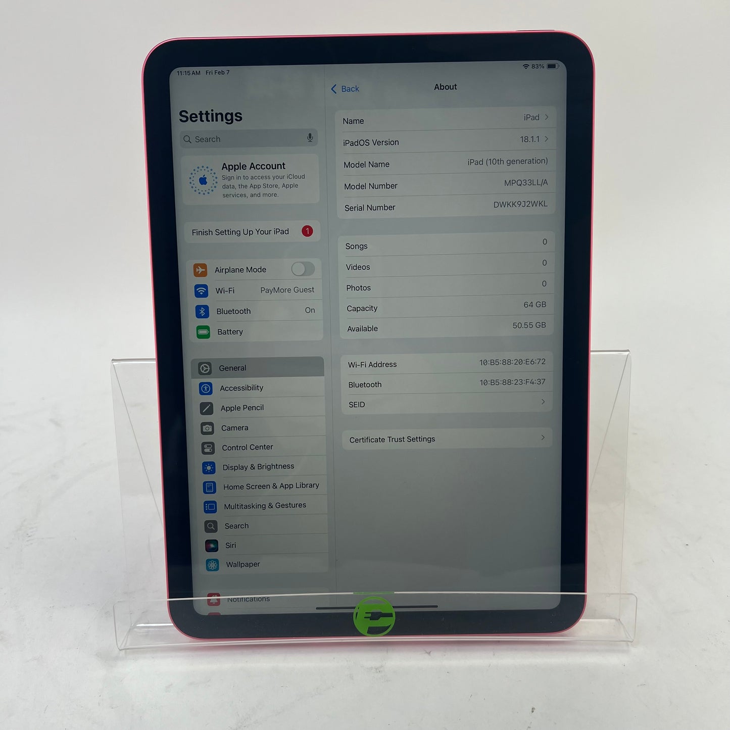 WiFi Only Apple iPad 10th Gen 64GB 18.1.1 PINK MPQ33LL/A