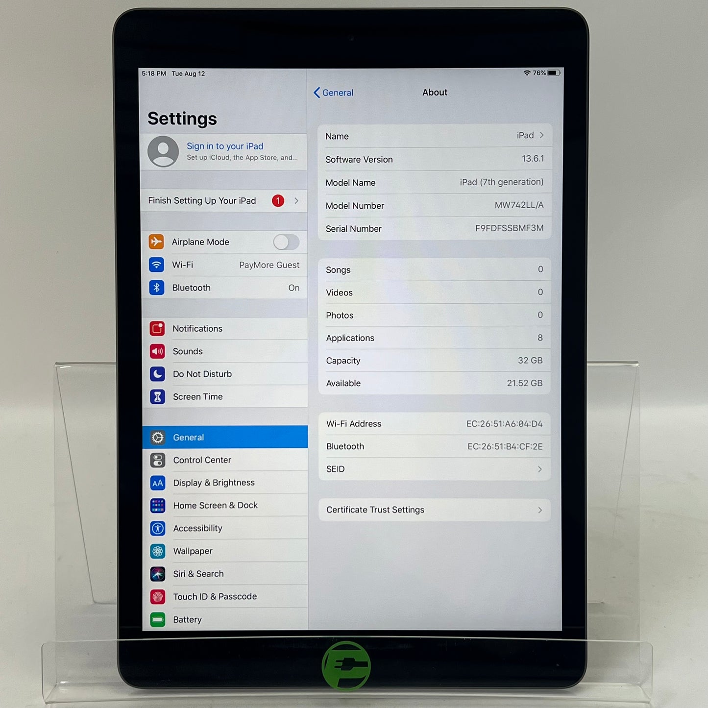 WiFi Only Apple iPad 7th Gen 32GB Space Gray MW7L2LL/A