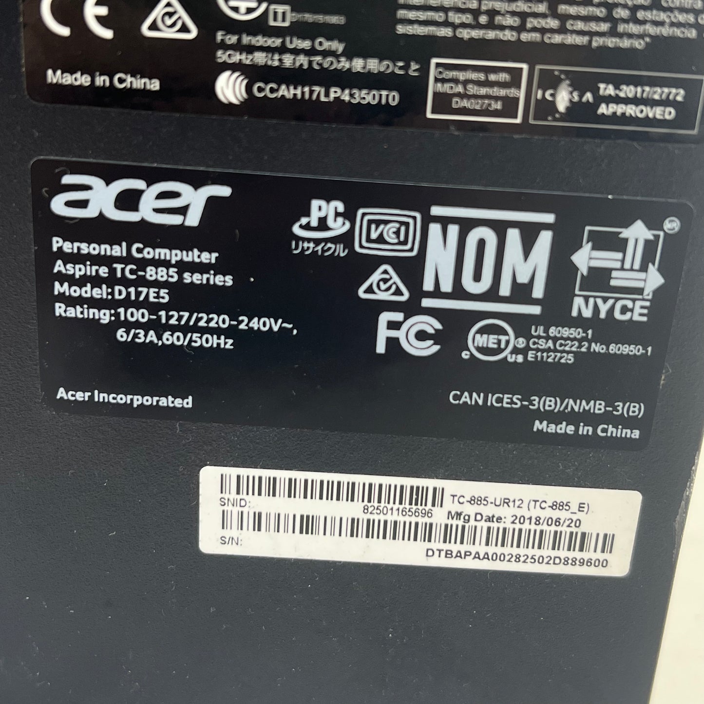 Acer Aspire TC-885 D17E5 i5-8400 2.80GHz 8GB 1TB HDD