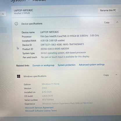 Lenovo IdeaPad 3 15ITL05 15.6" i3-1115G4 3.0GHz 4GB RAM 128GB SSD