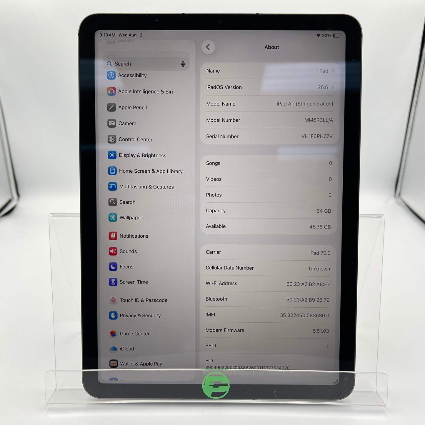 WiFi Only Apple iPad Air 5th Gen 64GB Space Gray MM6R3LL/A
