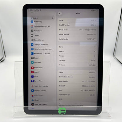 WiFi Only Apple iPad Air 5th Gen 64GB Space Gray MM6R3LL/A