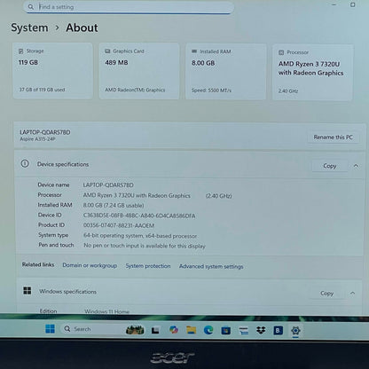 Acer Aspire 3 N23C3 15.6" Ryzen 3 7320U 2.4GHz 8GB RAM 128GB HDD With Charger