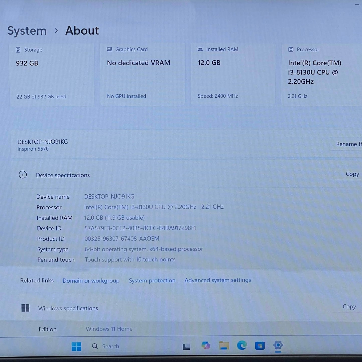 Dell Inspiron 5570 15.6" i3-8130U 2.2GHz 12GB RAM 1TB HDD