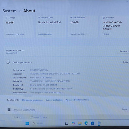 Dell Inspiron 5570 15.6" i3-8130U 2.2GHz 12GB RAM 1TB HDD