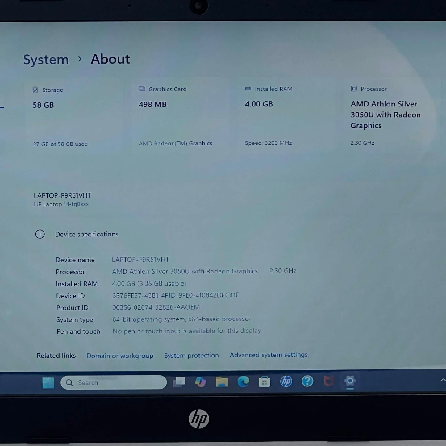 [CRACKED SIDE] HP 14-FQ0045NR 14-FQ0045NR 14" Athlon Silver 3050U 3.2GHz 4GB RAM 60GB SSD
