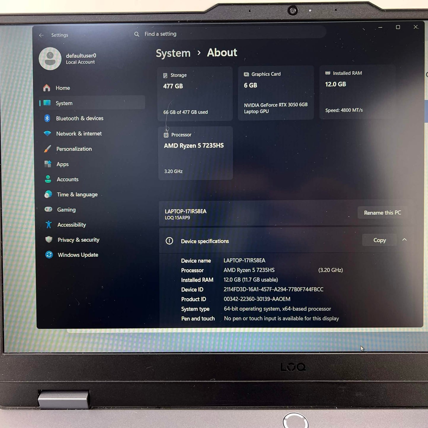 Lenovo LOQ 15 15ARP9 15.6" Ryzen 5 7235HS 3.2GHz 12GB RAM 512GB SSD GeForce RTX 3050