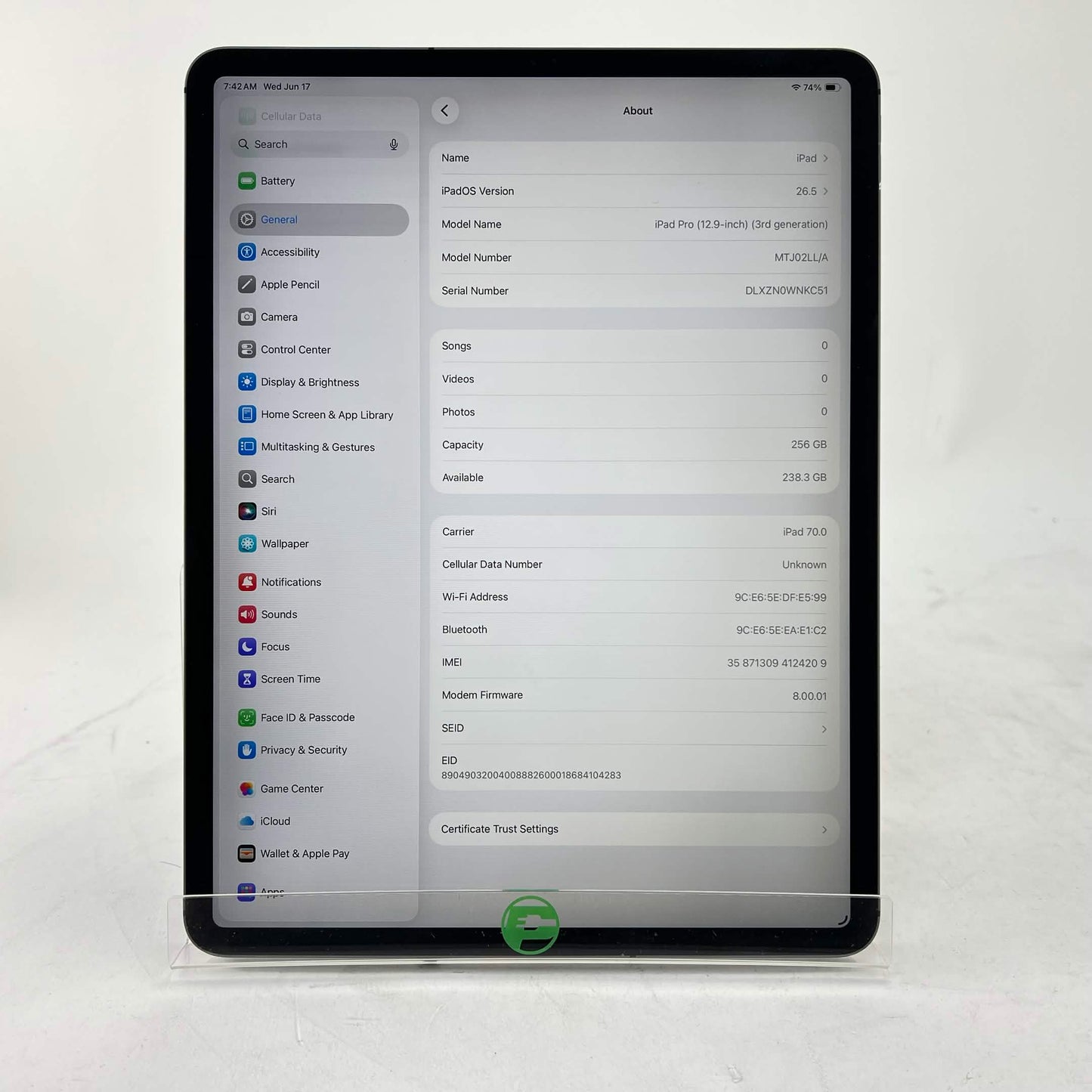 Unlocked Apple iPad Pro 12.9" 3rd Gen 256GB Space Gray MTJ02LL/A