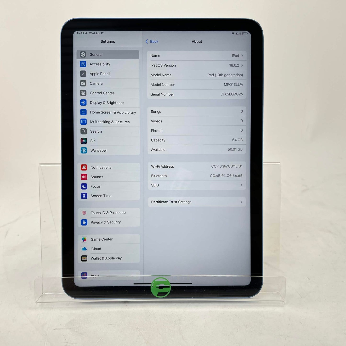 WiFi Only Apple iPad 10th Gen 64GB Blue MPQ13LL/A