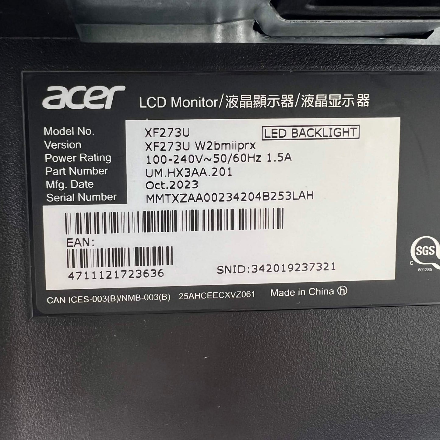 Acer EliteDisplay 27" XF273U WQHD IPS 240Hz Gaming Monitor