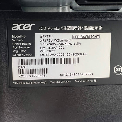 Acer EliteDisplay 27" XF273U WQHD IPS 240Hz Gaming Monitor