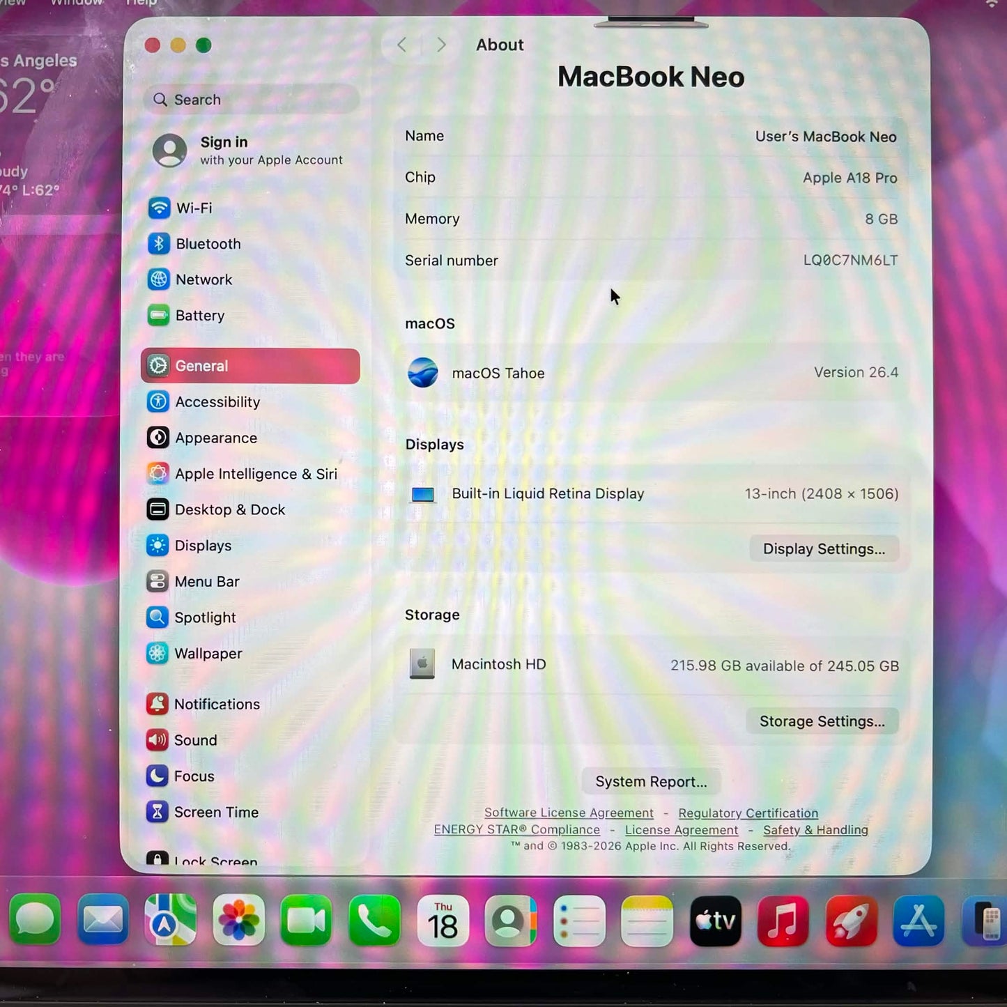 2026 Apple MacBook Neo 13" A18 Pro 5C GPU 4.0GHz 8GB RAM 256GB SSD 1PMHFH4LL/A