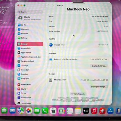 2026 Apple MacBook Neo 13" A18 Pro 5C GPU 4.0GHz 8GB RAM 256GB SSD 1PMHFH4LL/A