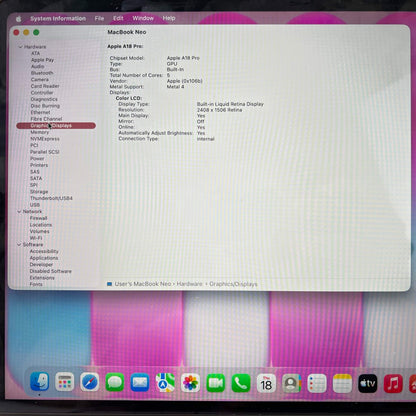 2026 Apple MacBook Neo 13" A18 Pro 5C GPU 4.0GHz 8GB RAM 256GB SSD 1PMHFH4LL/A
