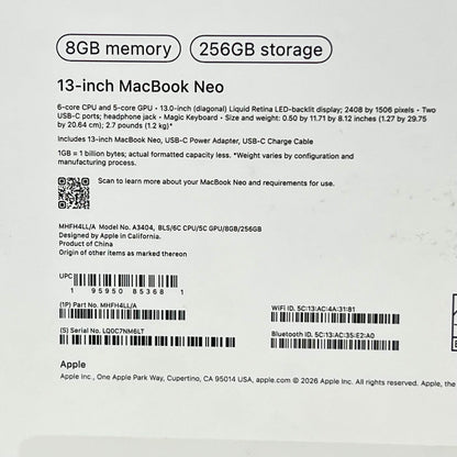 2026 Apple MacBook Neo 13" A18 Pro 5C GPU 4.0GHz 8GB RAM 256GB SSD 1PMHFH4LL/A