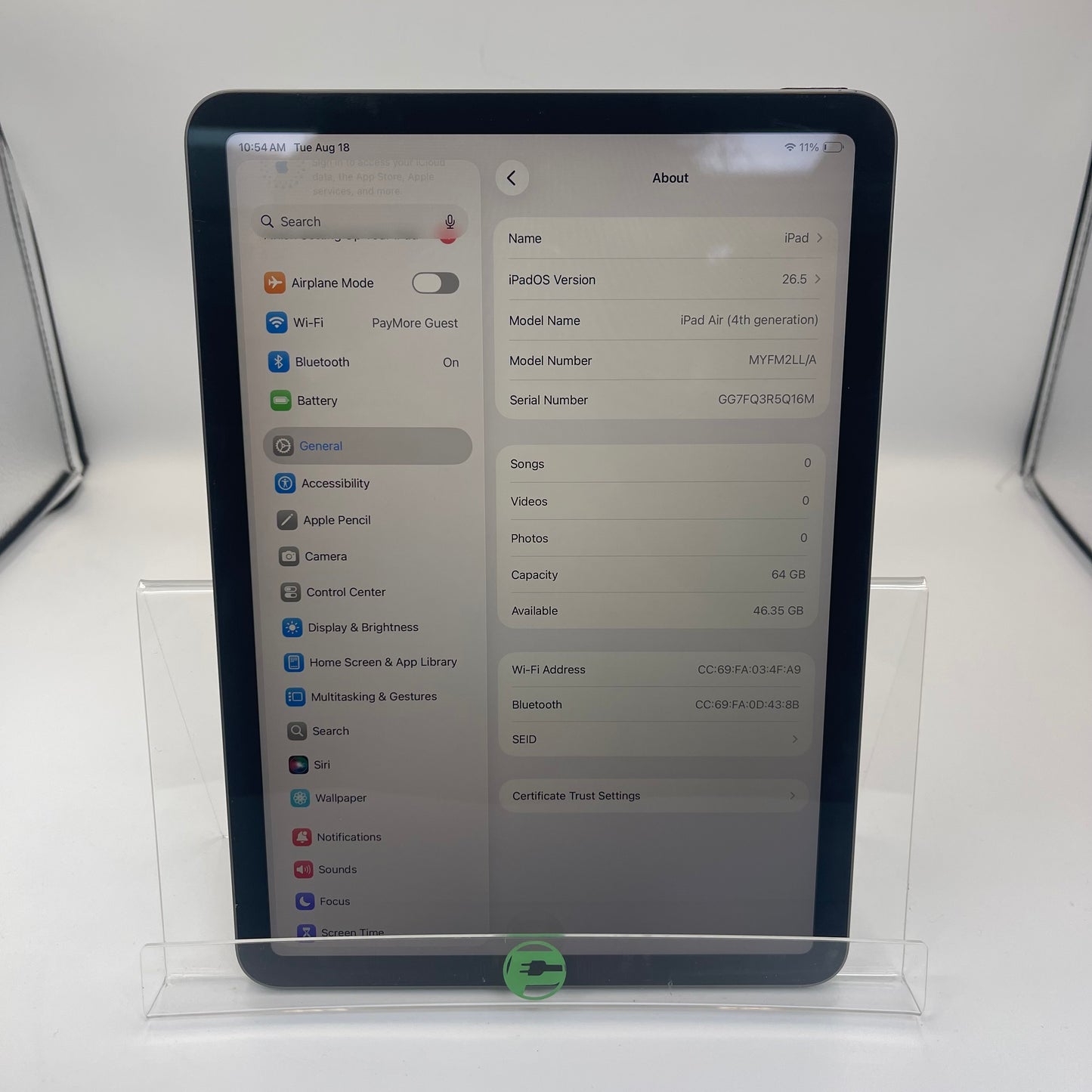 WiFi Only Apple iPad Air 4th Gen 64GB Space Gray MYFM2LL/A