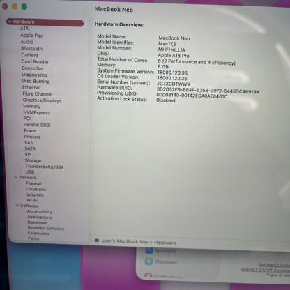 2026 Apple MacBook Neo 13" A18 Pro 5C GPU 4.0GHz 8GB RAM 256GB SSD MHFH4LL/A