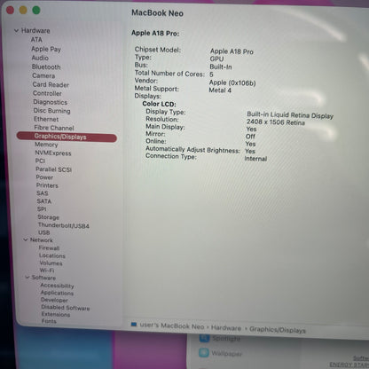 2026 Apple MacBook Neo 13" A18 Pro 5C GPU 4.0GHz 8GB RAM 256GB SSD MHFH4LL/A