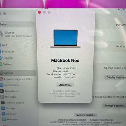 2026 Apple MacBook Neo 13" A18 Pro 5C GPU 4.0GHz 8GB RAM 256GB SSD MHFH4LL/A
