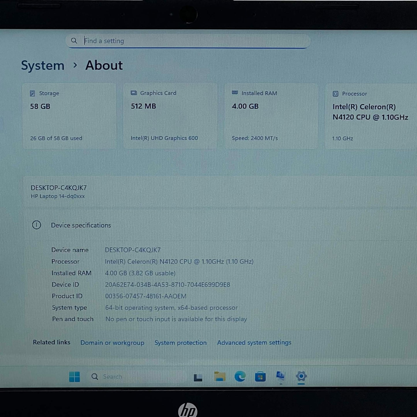 HP Laptop 14-DQ0052DX 14" Celeron N4120 1.1GHz 4GB RAM 64GB SSD