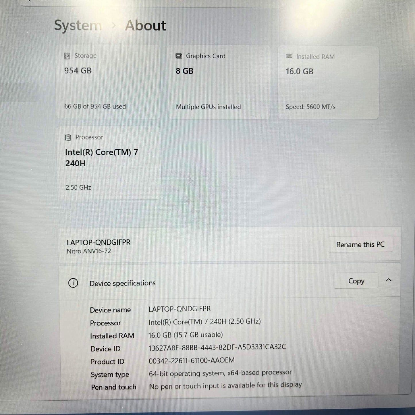 Acer Nitro V 16 ANV16-72 16" Core 7 240H 2.5GHz 16GB RAM 1TB SSD GeForce RTX 5050