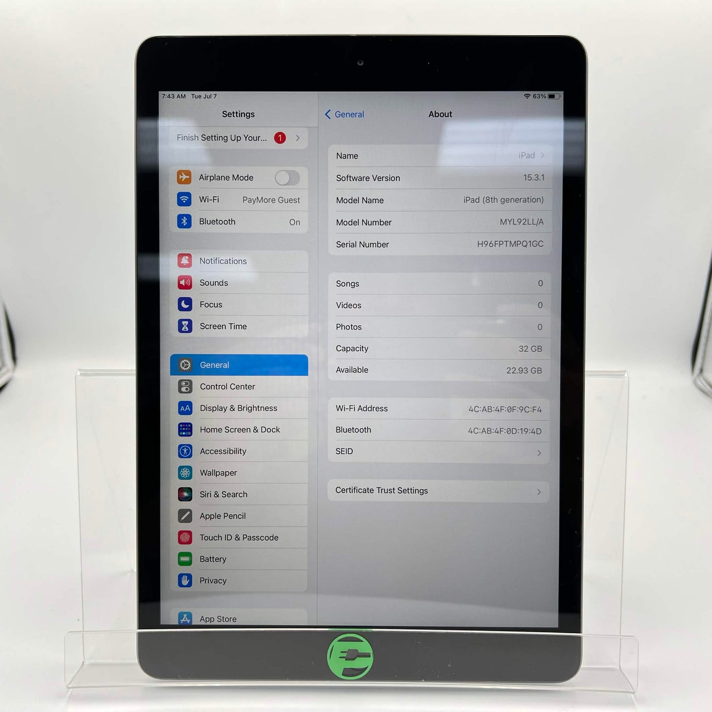 WiFi Only Apple iPad 8th Gen 32GB Space Gray MYL92LL/A