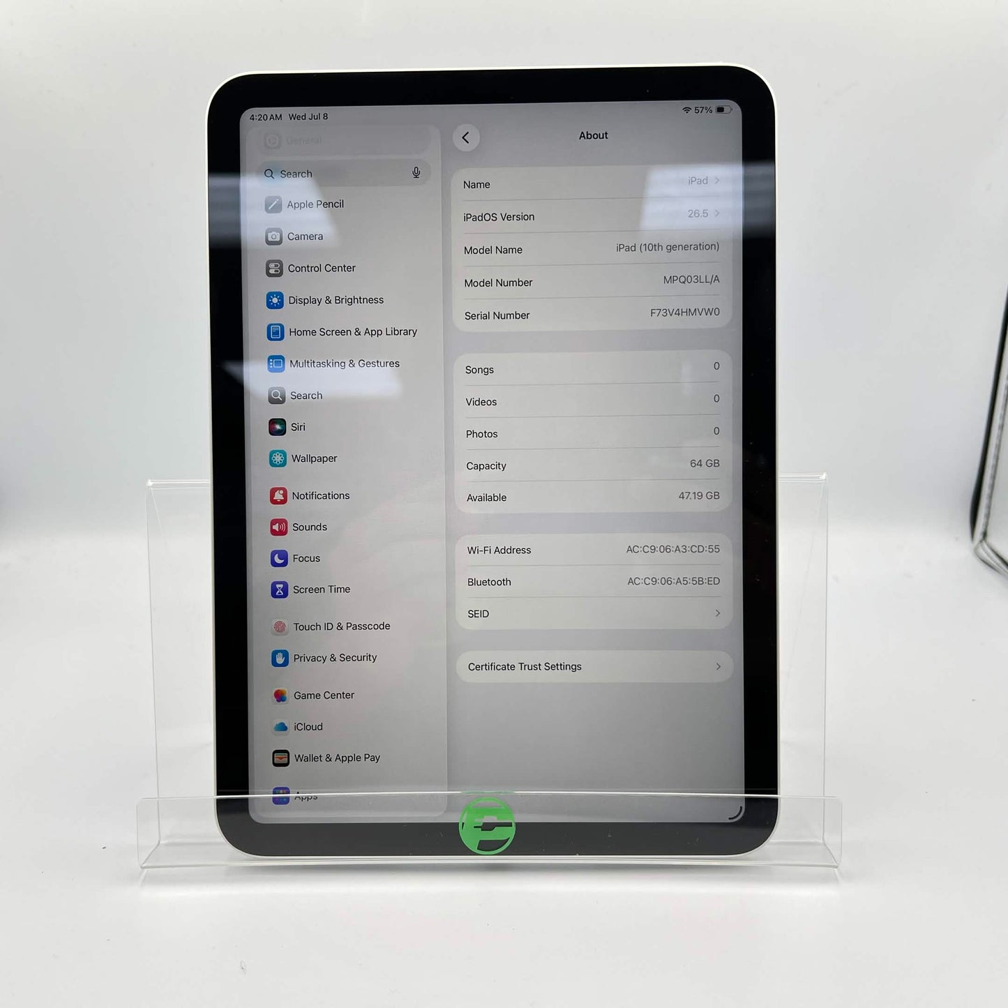 Wifi Only Apple iPad 10th Gen 64GB Silver MPQ03LL/A