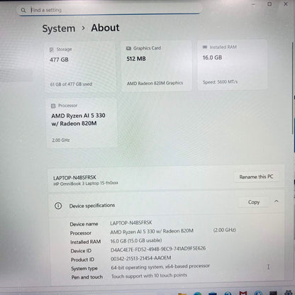 HP OmniBook 3 C20WBA#ABA 15.6" Ryzen AI 5 330 2.0GHz 16GB RAM 512GB SSD GeForce 820M