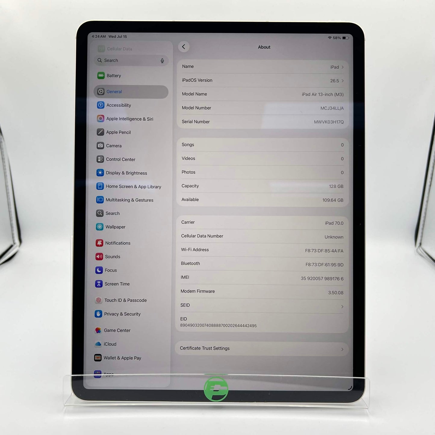 Factory Unlocked Apple iPad Air 13" M3 128GB Starlight MCJ34LL/A