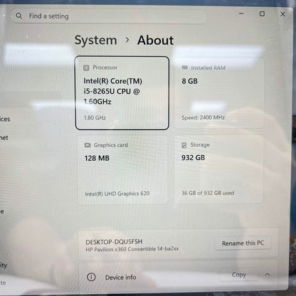 HP Pavilion x360 Silver 9560NGW Intel i5-8265U 1.6GHz 8GB RAM 128GB