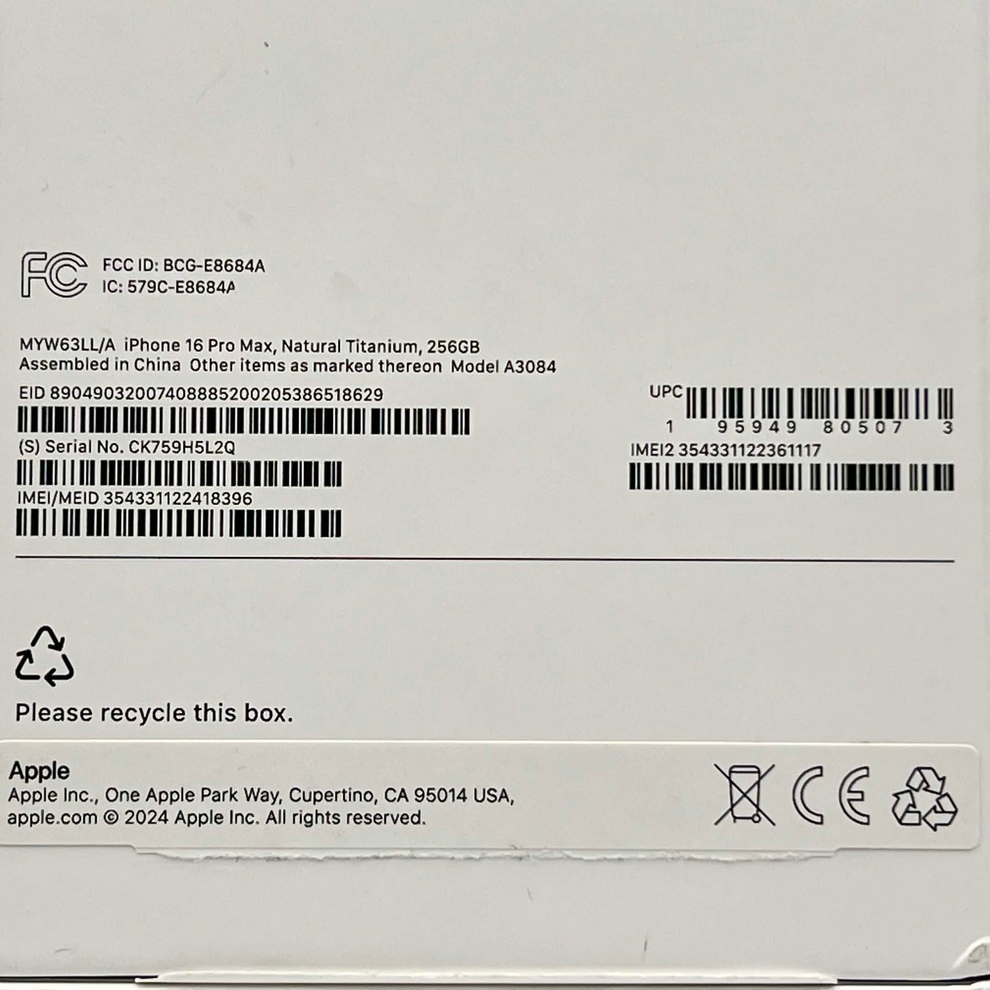 Factory Unlocked Apple iPhone 16 Pro Max Natural Titanium MYW63LL/A