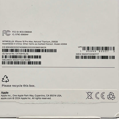 Factory Unlocked Apple iPhone 16 Pro Max Natural Titanium MYW63LL/A