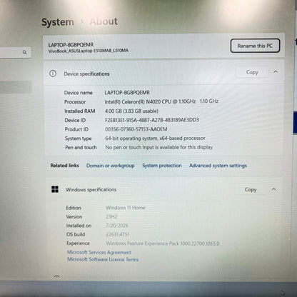 Asus Vivobook E510 L510M 15.6" Celeron N4020 1.1GHz 4GB RAM 128GB SSD