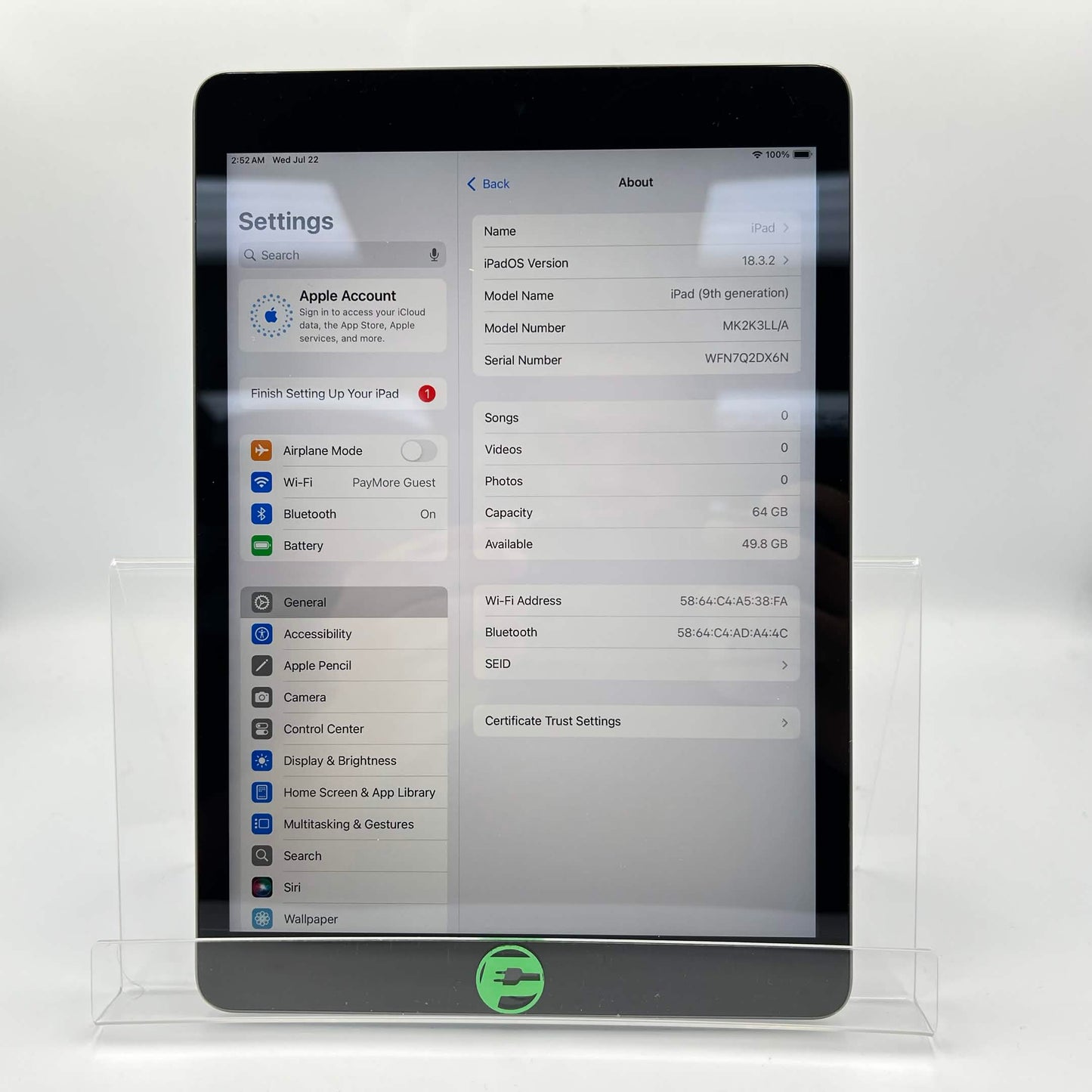 WiFi Only Apple iPad 9th Gen 64GB Space Gray MK2K3LL/A