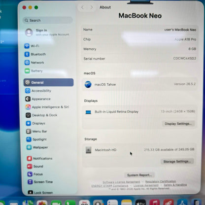 2026 Apple MacBook Neo 13" A18 Pro 5C GPU 4.0GHz 8GB RAM 256GB SSD A3404