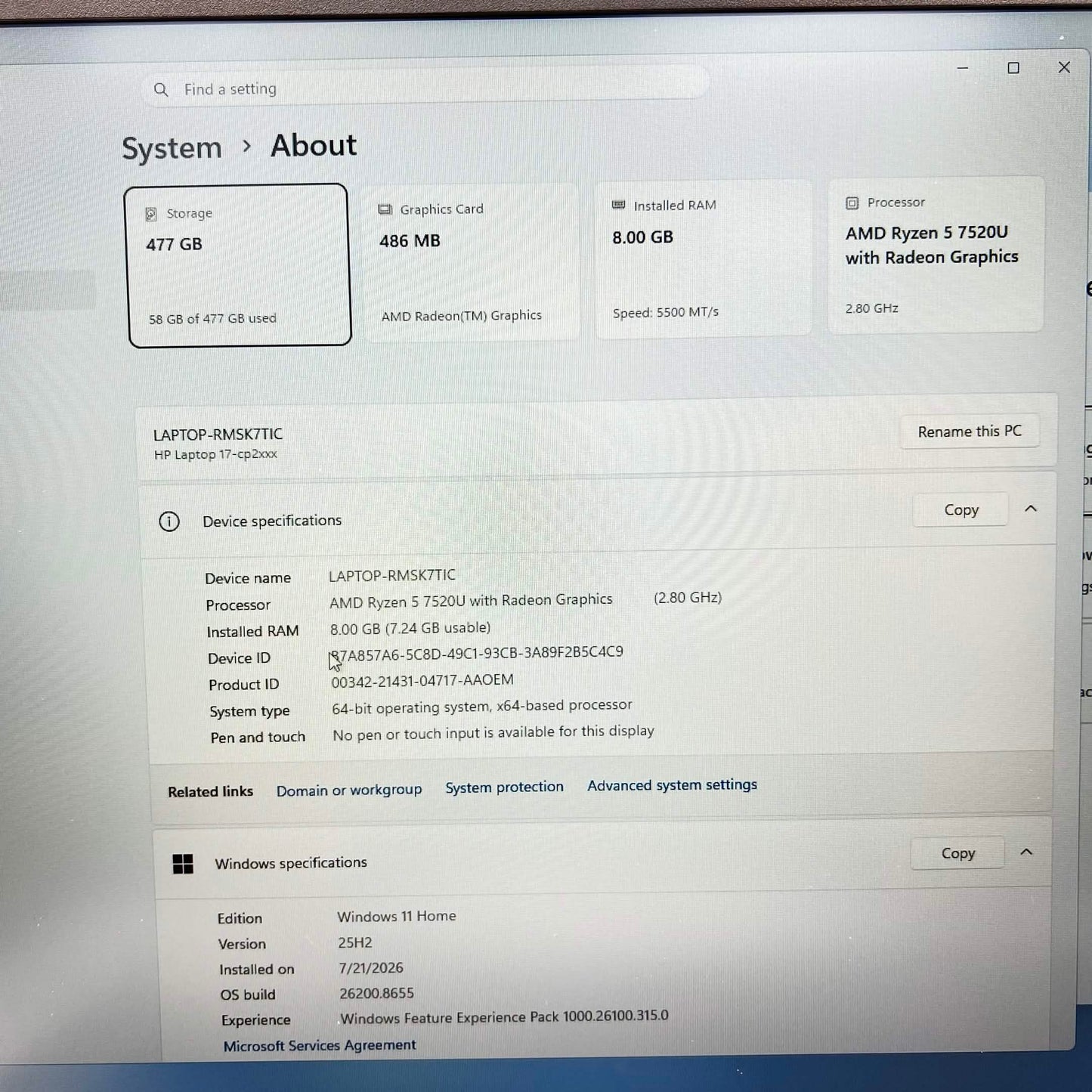 HP Laptop 17-CP2025DX 15.6" Ryzen 5 7520U 2.8GHz 8GB RAM 512GB SSD