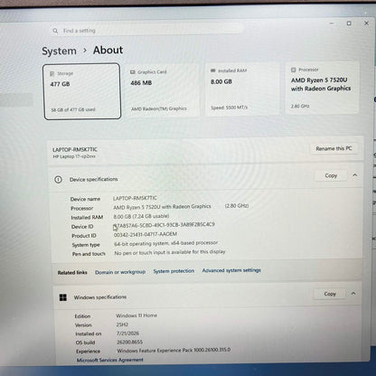 HP Laptop 17-CP2025DX 15.6" Ryzen 5 7520U 2.8GHz 8GB RAM 512GB SSD