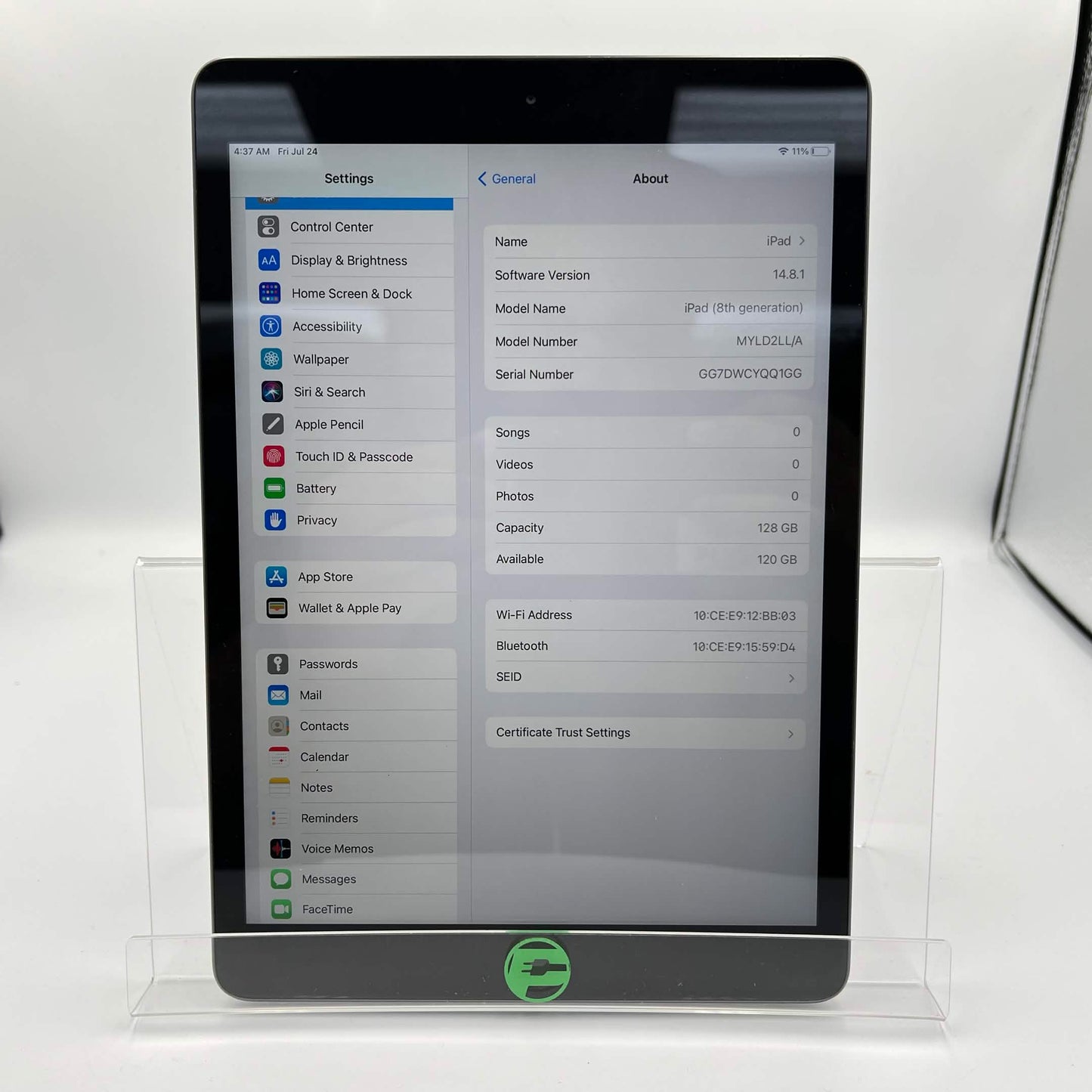 WiFi Only Apple iPad 8th Gen 128GB Space Gray MYLD2LL/A