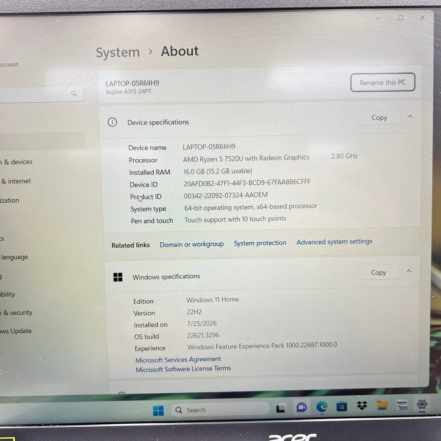 Acer Aspire 3 A315-24PT 15.6" Ryzen 5 7520U 2.8GHz 16GB RAM 512GB SSD