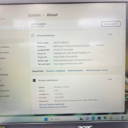 Acer Aspire 3 A315-24PT 15.6" Ryzen 5 7520U 2.8GHz 16GB RAM 512GB SSD