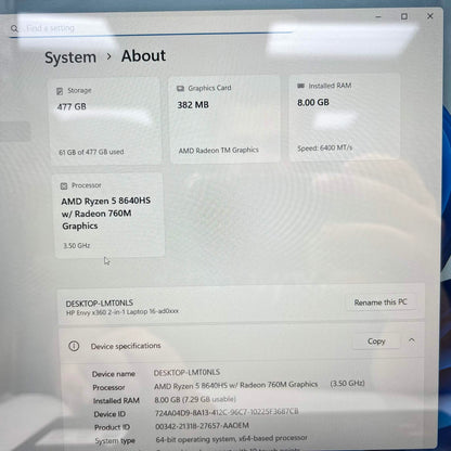 HP Envy x360 16-AD0013DX 16" Ryzen 5 8640HS 3.5GHz 8GB RAM 512GB SSD