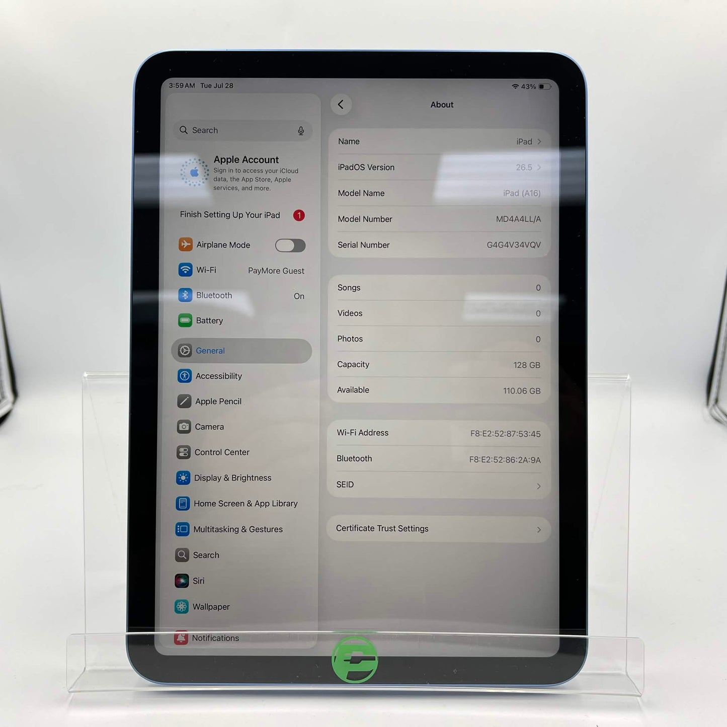 WiFi Only Apple iPad 11" (A16) 128GB Blue MD4A4LL/A