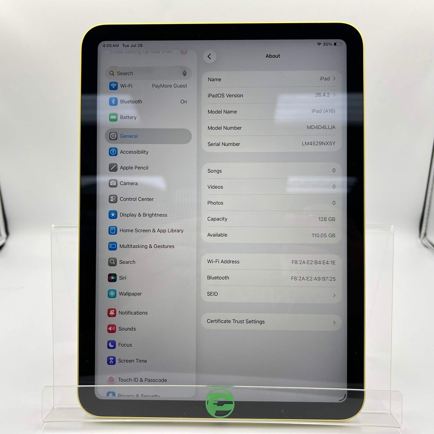 WiFi Only Apple iPad 11" (A16) 128GB Yellow MD4D4LL/A