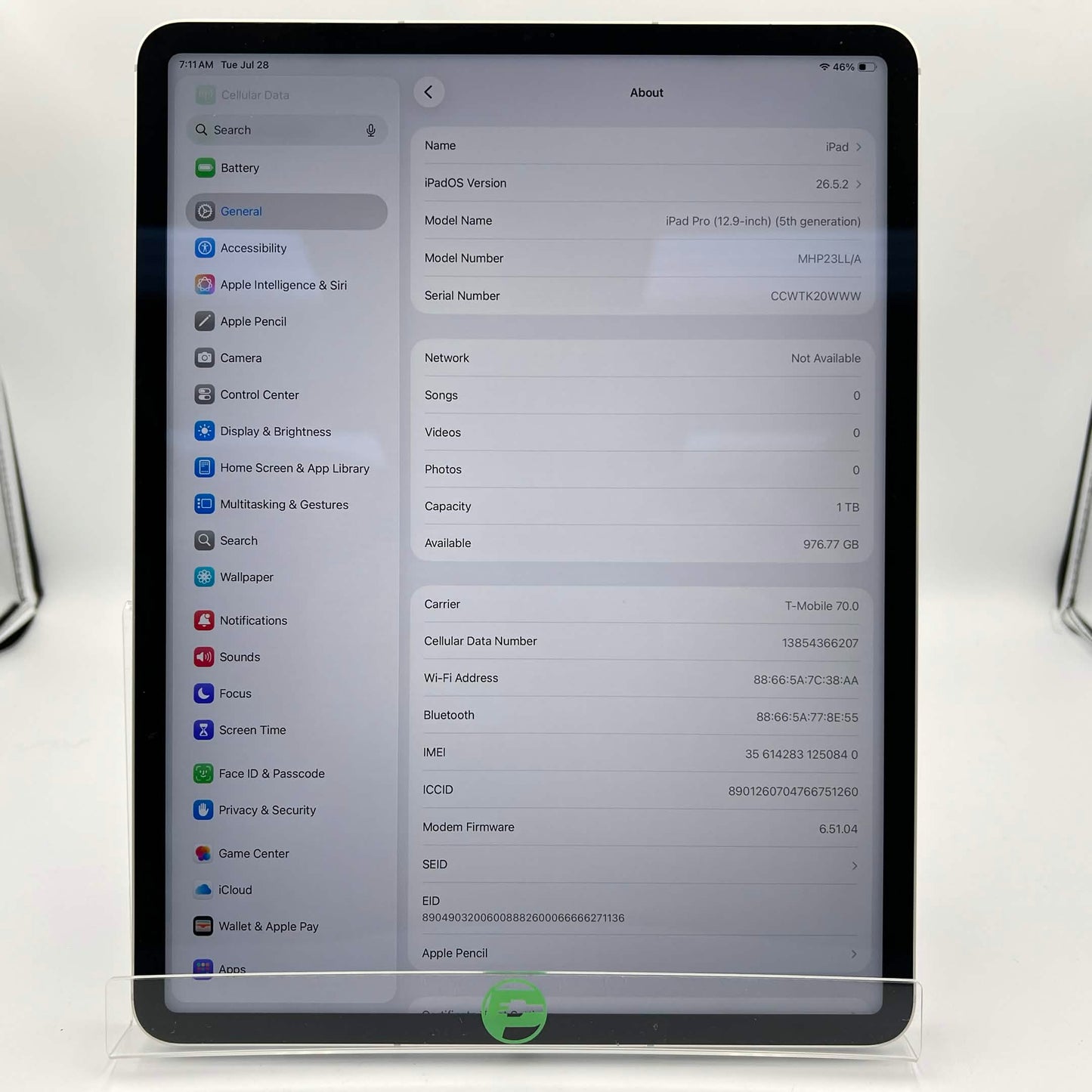 WiFi Only Apple iPad Pro 12.9" 5th Gen 1TB Silver MHP23LL/A