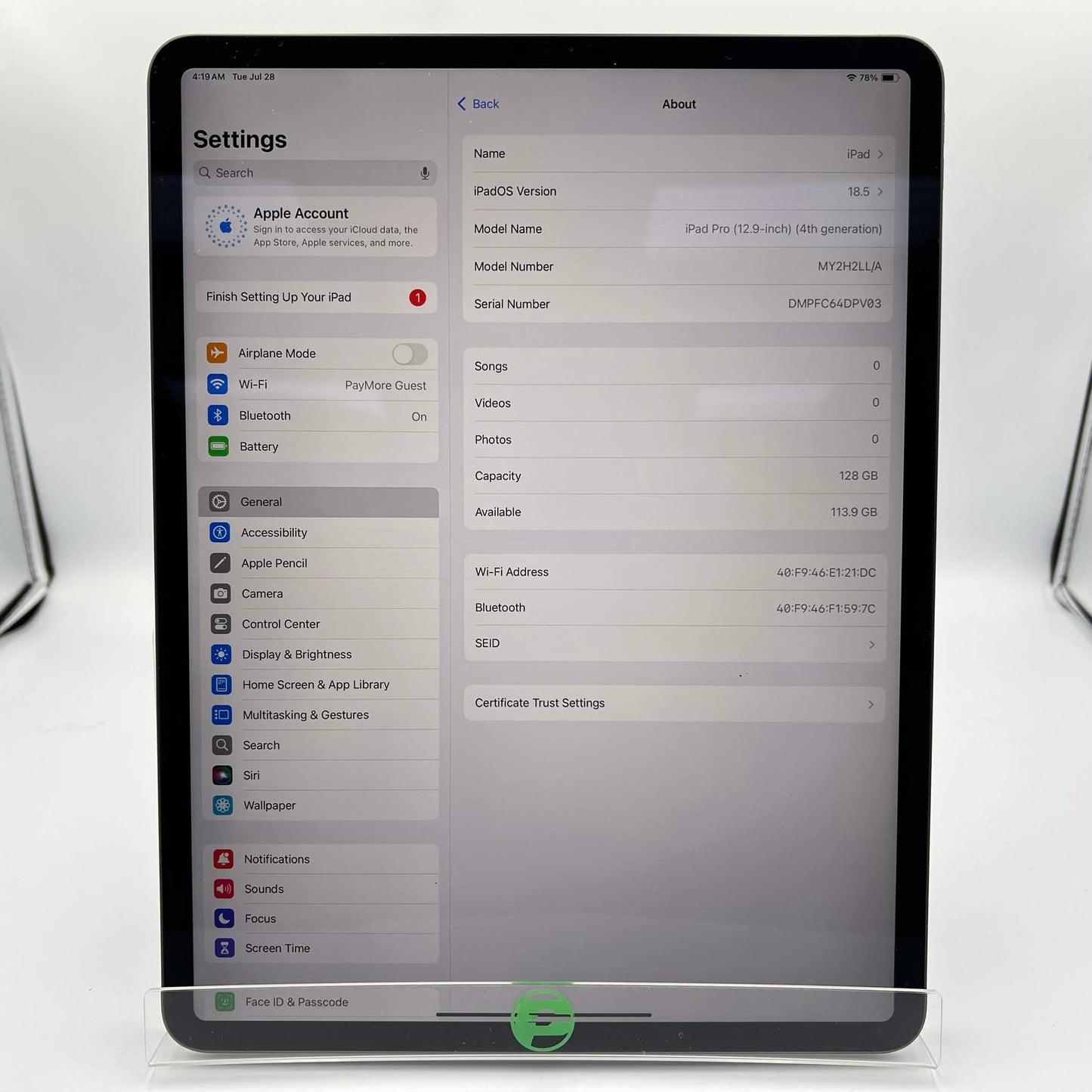 WiFi Only Apple iPad Pro 12.9" 4th Gen 128GB Space Gray MY2H2LL/A