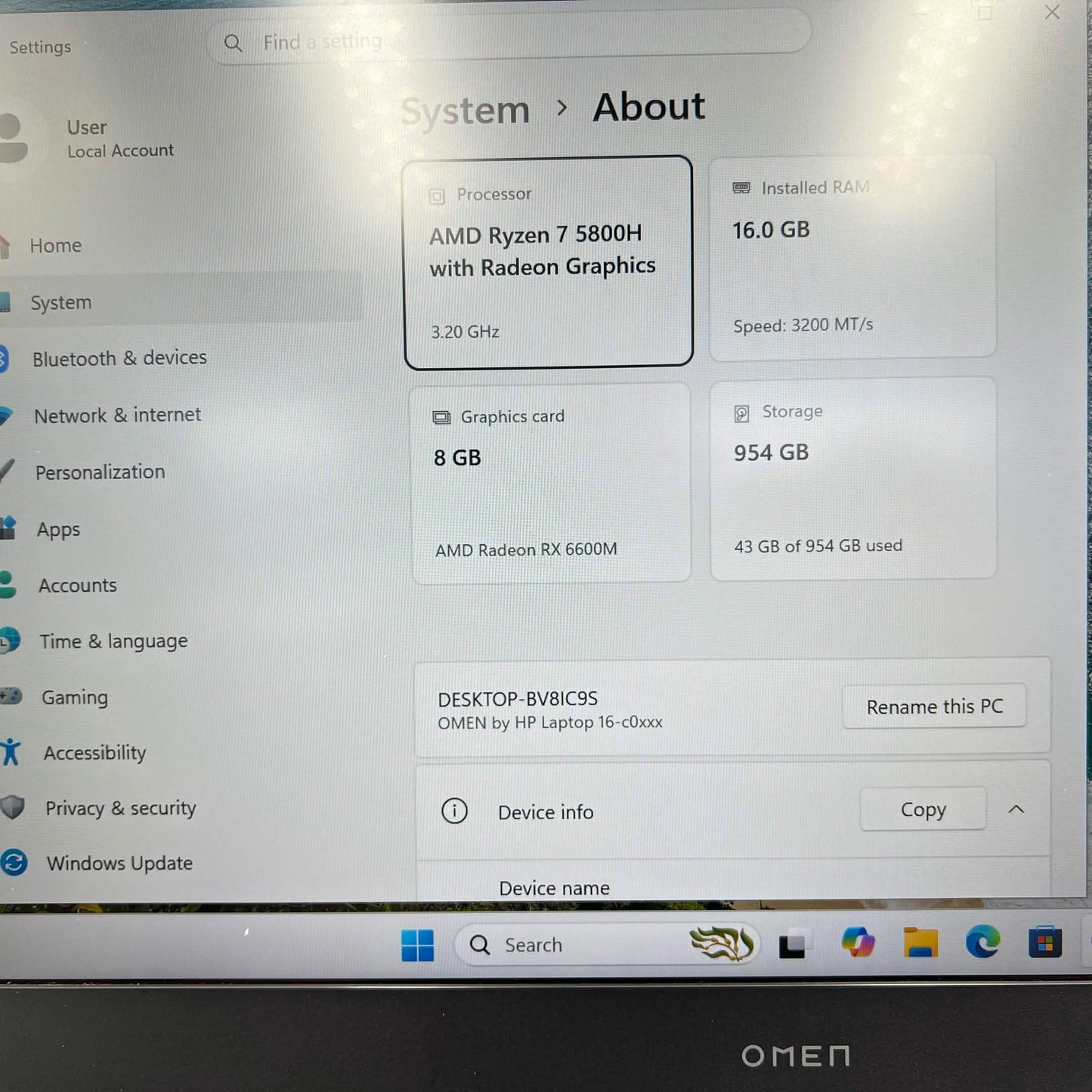 HP Omen 16-C0002DX 16" Ryzen 7 5800H 3.2GHz 16GB RAM 1TB SSD AMD Radeon RX 6600M
