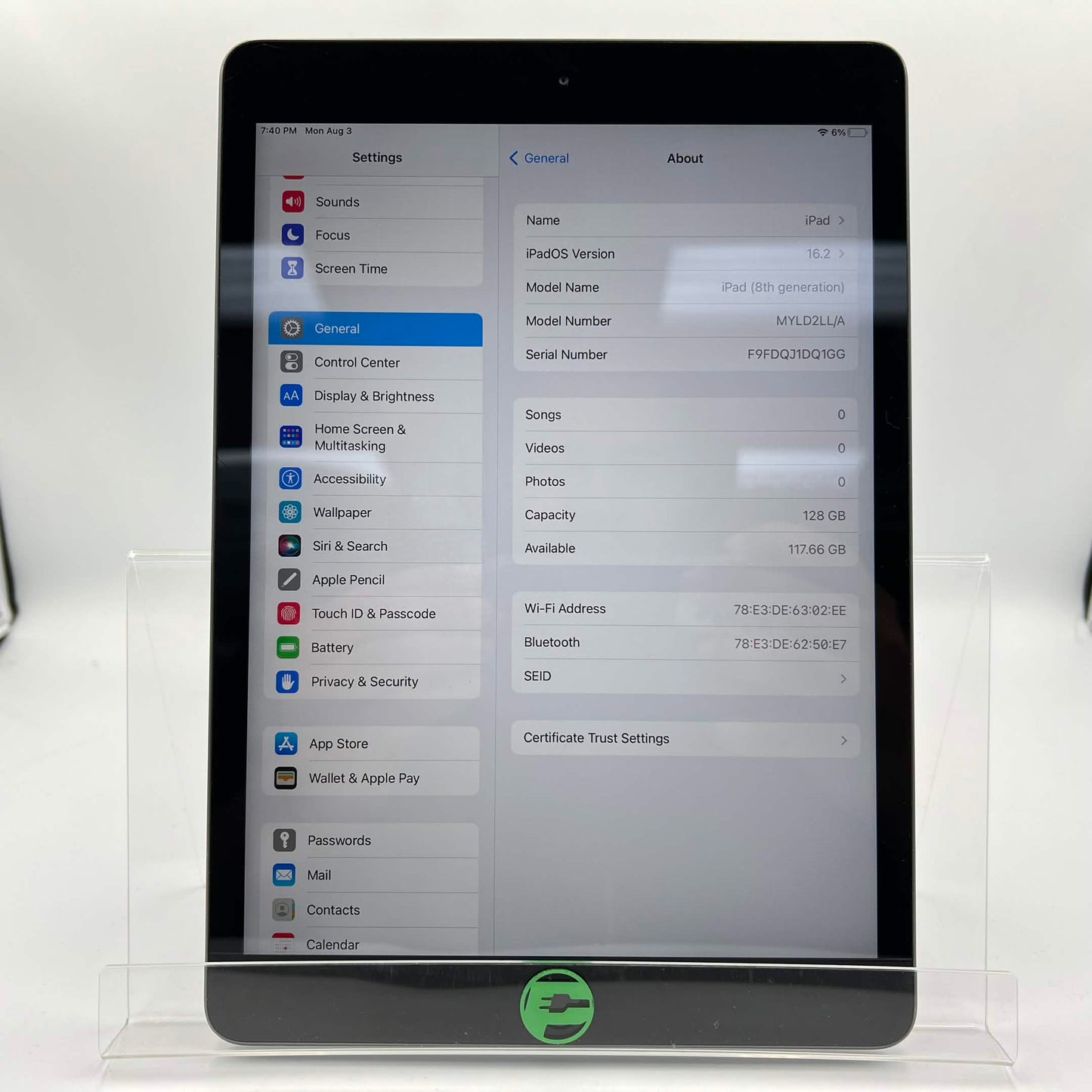 WiFi Only Apple iPad 8th Gen 128GB Space Gray MYLD2LL/A