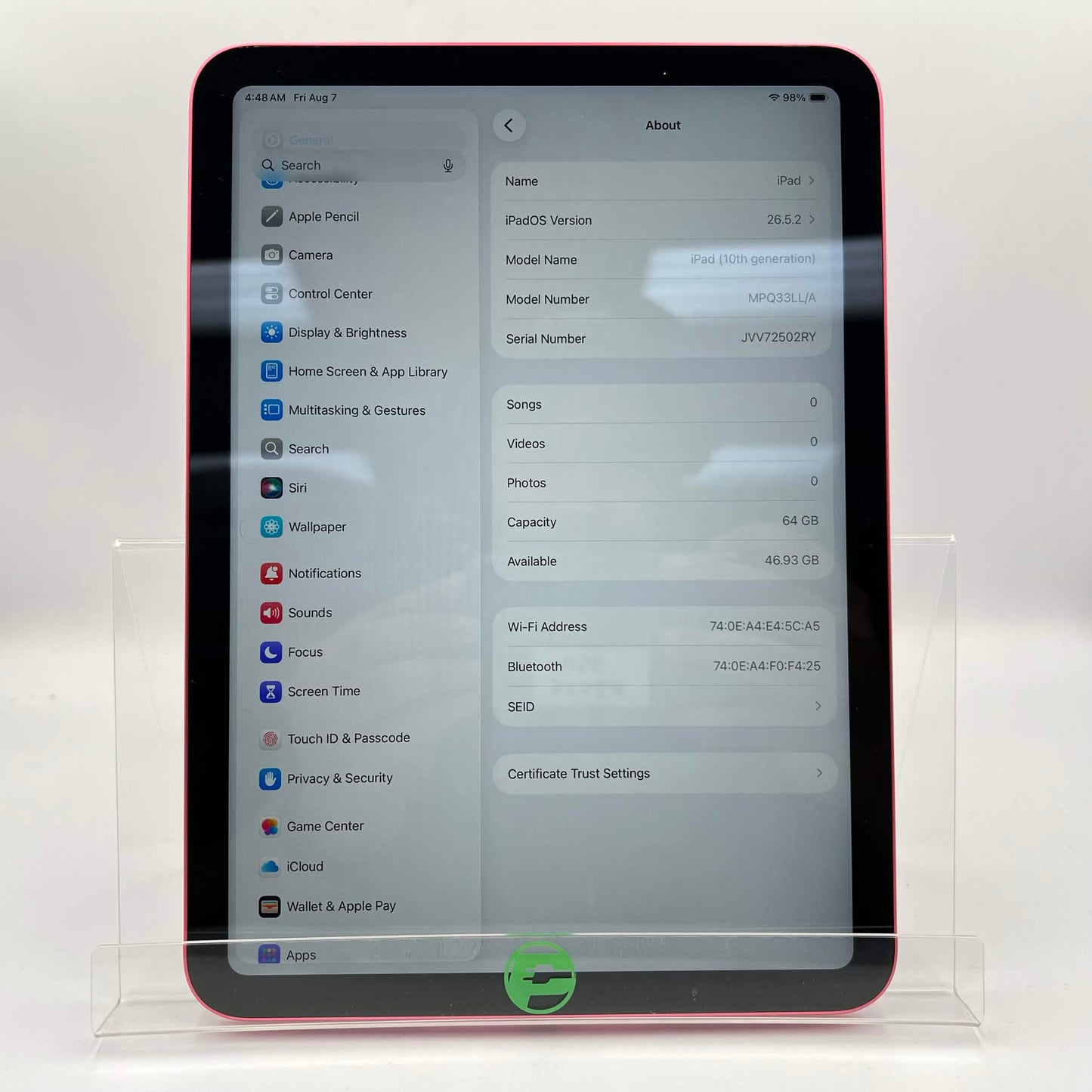 WiFi Only Apple iPad 10th Gen 64GB Pink MPQ33LL/A