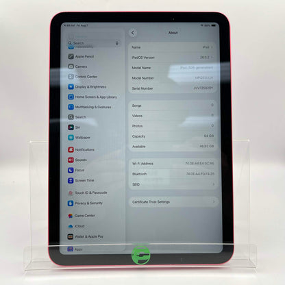 WiFi Only Apple iPad 10th Gen 64GB Pink MPQ33LL/A